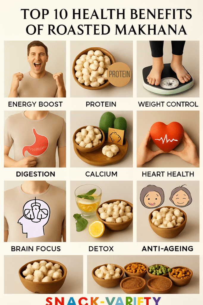 Top 10 health benefits of makhana – roasted makhana benefits as protein rich snacks for energy boost, weight control, digestion, calcium, heart health, brain focus, detox and anti-ageing.