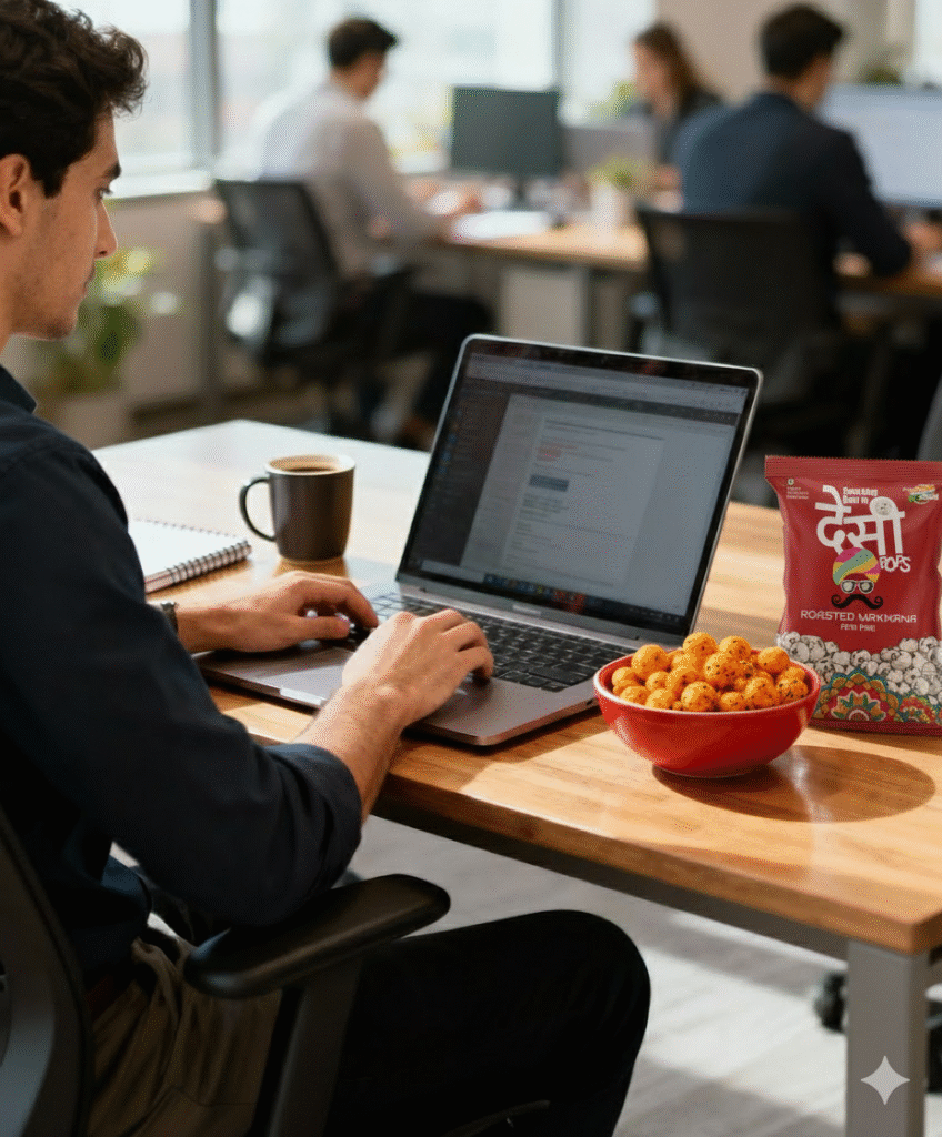 Man working on laptop in office with a bowl of roasted makhana as a healthy office snack on desk.