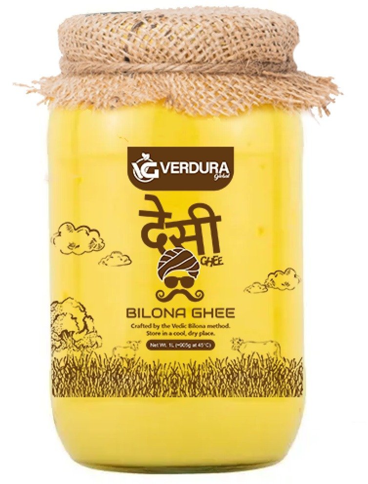 Pure Desi Ghee in a glass jar made with traditional bilona process, natural and rich in taste by Verdura Global.